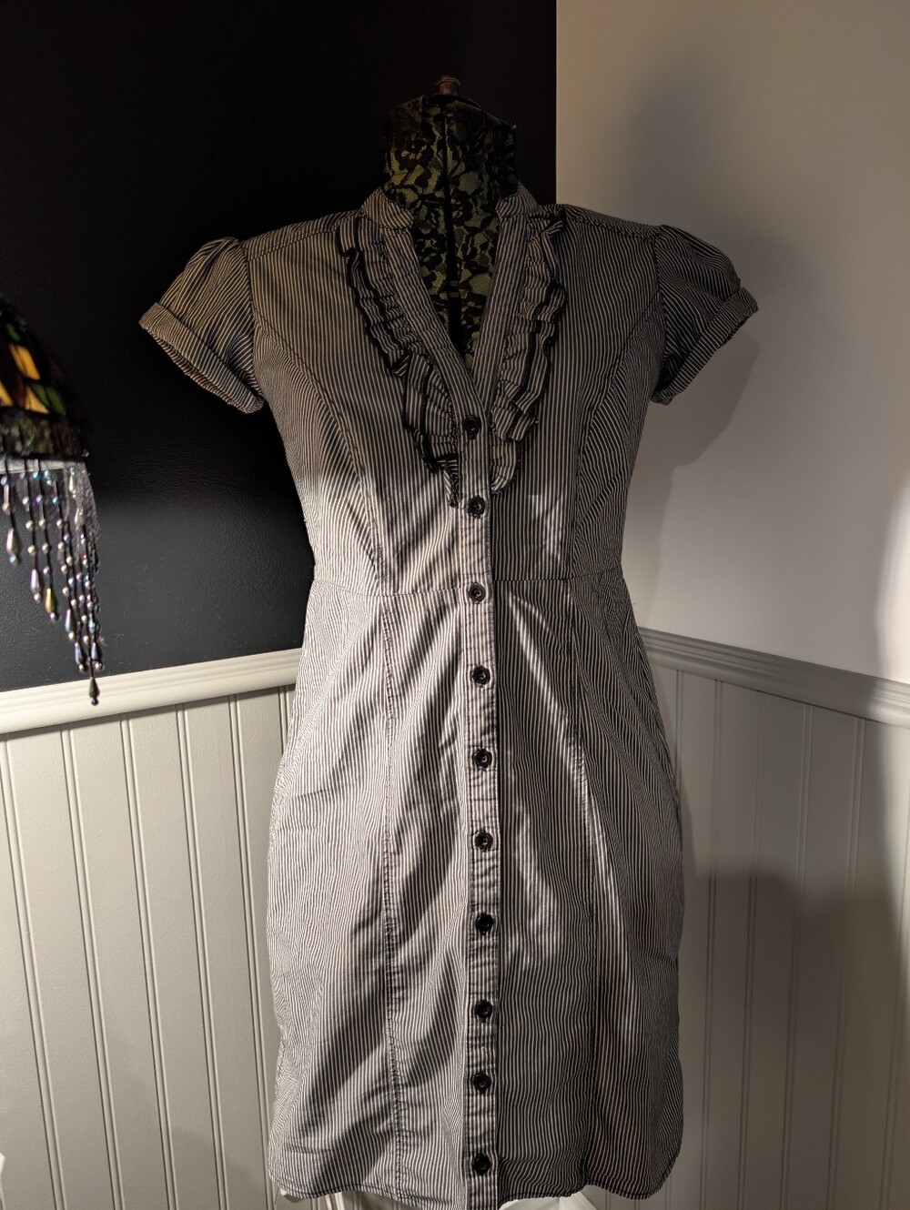 Vintage Striped Ruffle Shirt Dress in Black and White